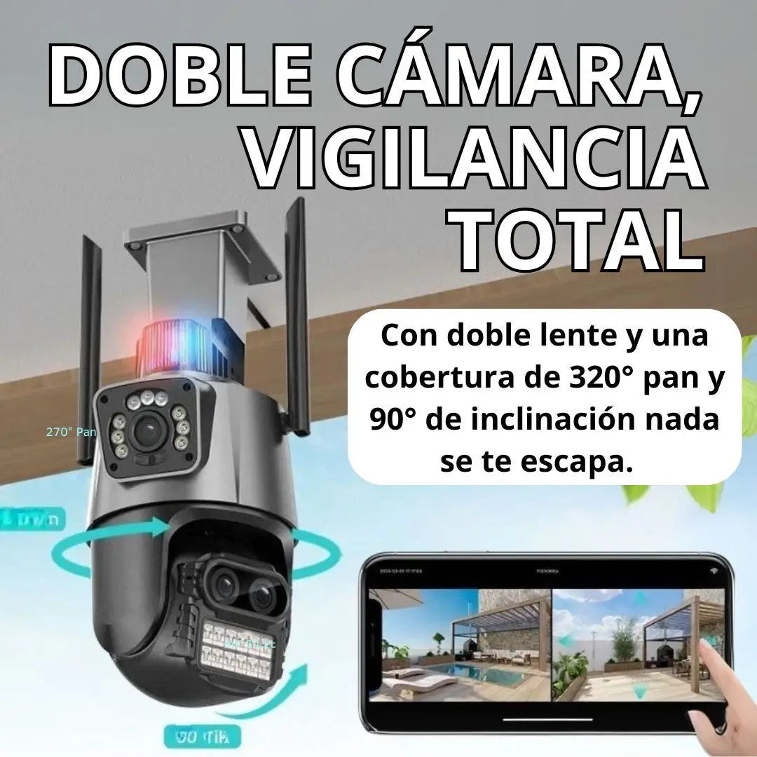 Cámara de seguridad con doble lente, vigilancia efectiva